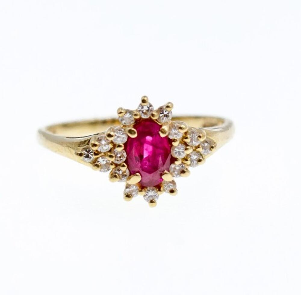 14K Yellow Gold Ruby & Diamonds Ring Size 8
